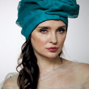 Turquoise silk organza turban hat hijab with a big Pearl bead