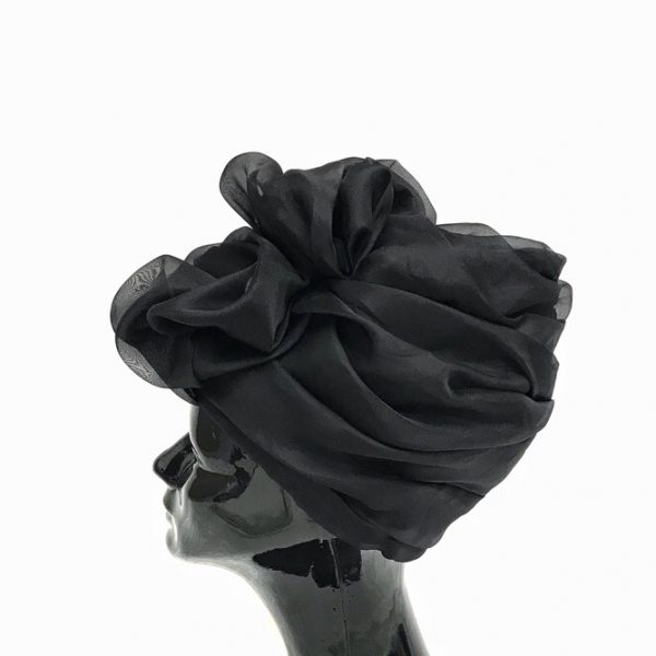 Black silk organza turban hat hijab with a big Pearl bead