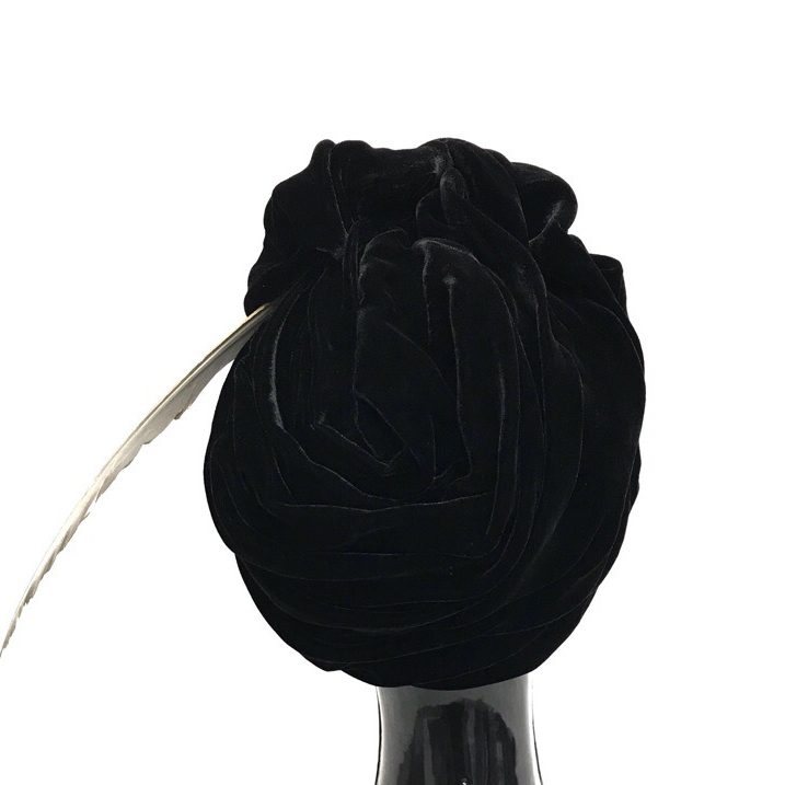Turban hat black Kalach velvet with removable golden feather ...