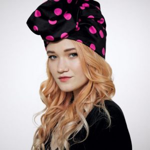 Black cotton turban hat hijab with fuchsia polka dot
