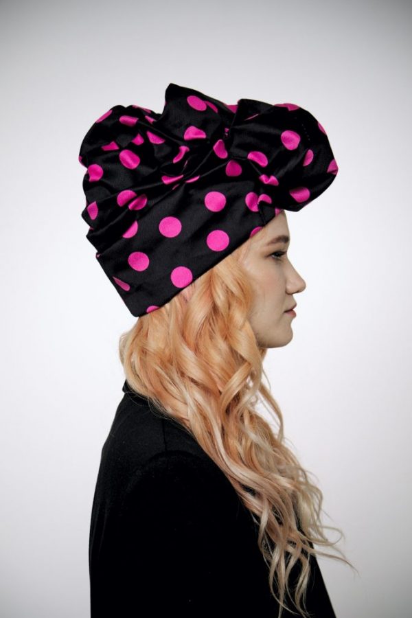 Black cotton turban hat hijab with fuchsia polka dot