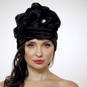 Black silk organza turban hat hijab with a big Pearl bead