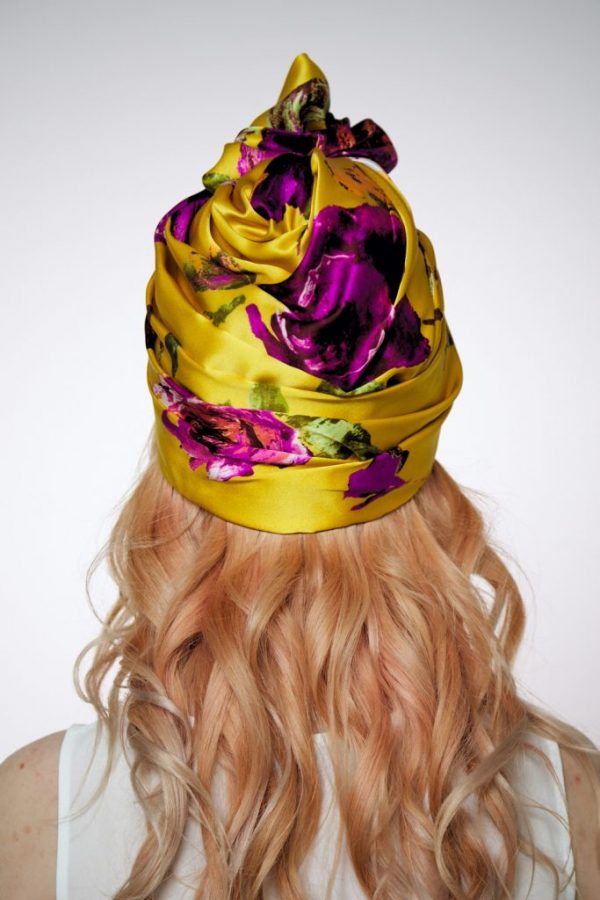 Turban hat hijab of yellow floral silk