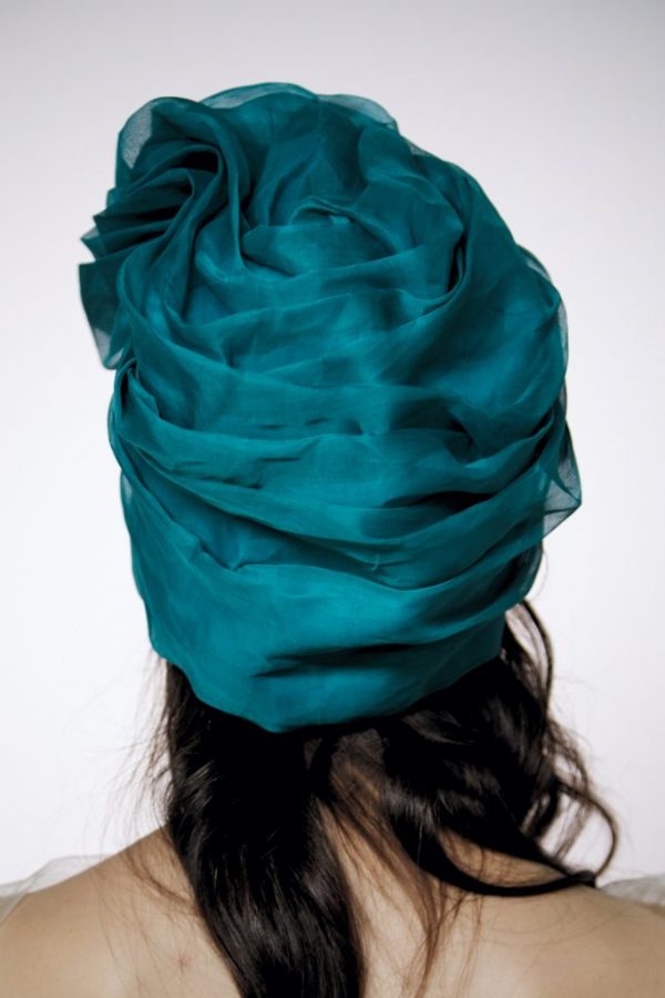 Turquoise silk organza turban hat hijab with a big Pearl bead