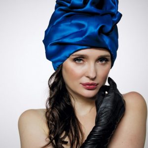 Royal blue silk organza turban hat hijab with a big Pearl bead