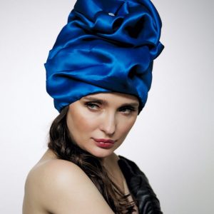 Royal blue silk organza turban hat hijab with a big Pearl bead