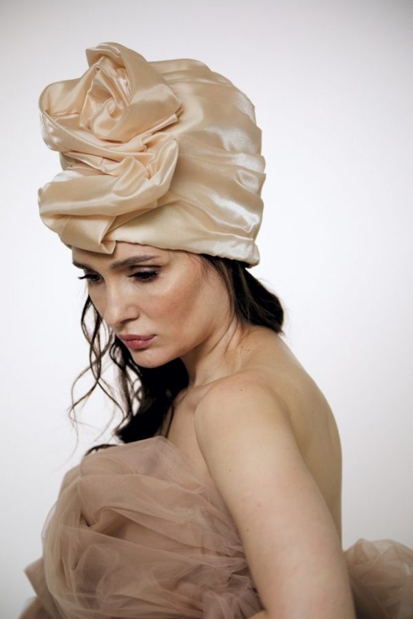 Creme brulee silk organza turban hat hijab with a big Pearl bead