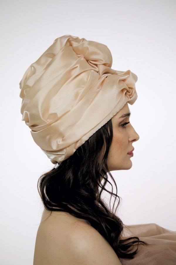 Creme brulee silk organza turban hat hijab with a big Pearl bead