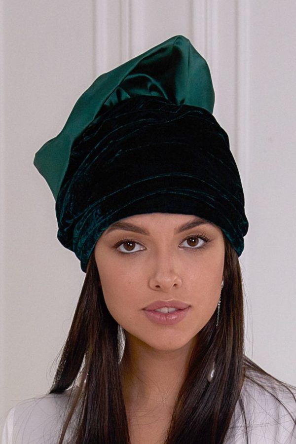 Dark emerald turban hat hijab combined of silk and velvet