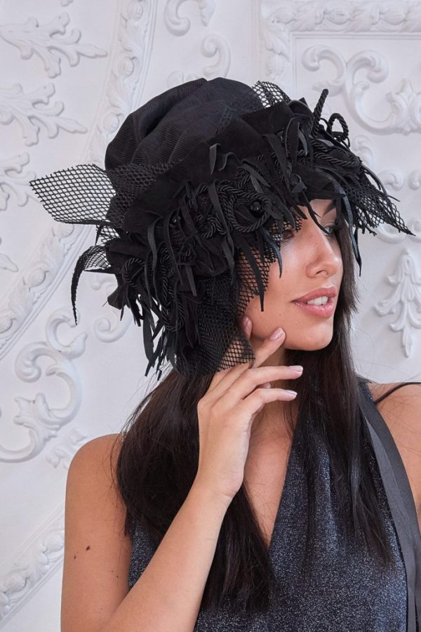 Turban hat hijab of black textured viscose with removable decor