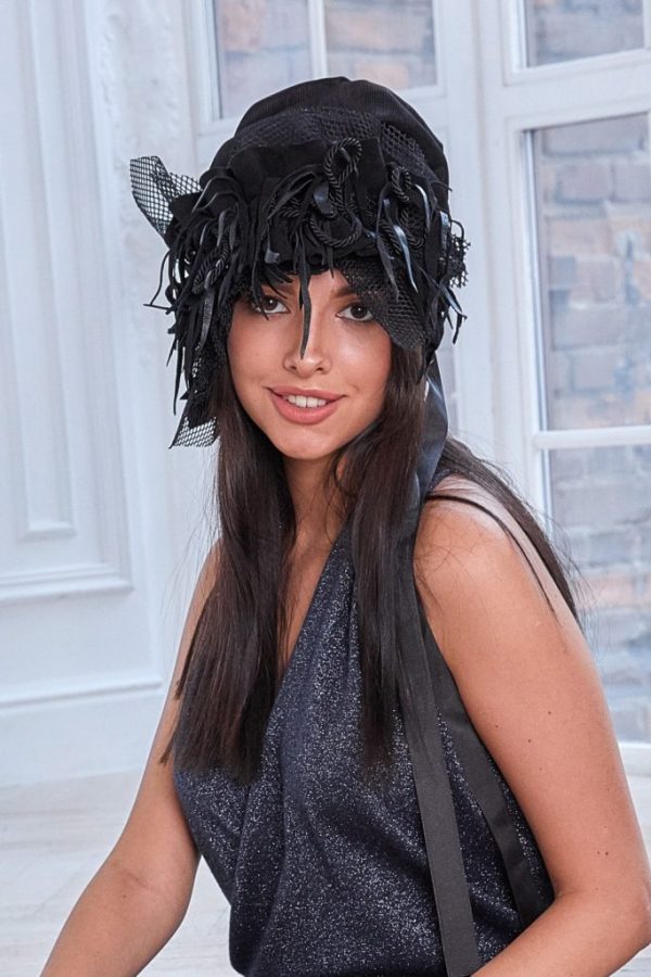 Turban hat hijab of black textured viscose with removable decor