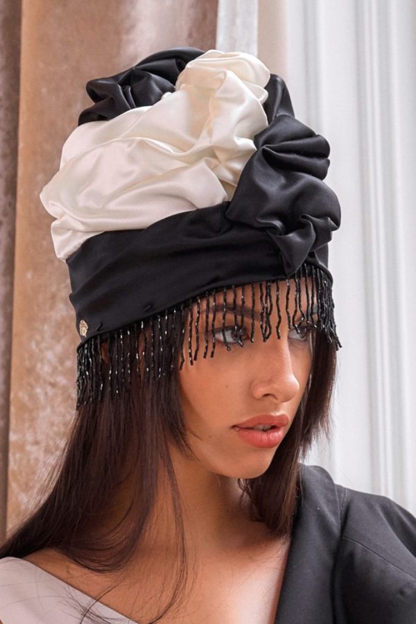 Turban hat hijab of white and black silk