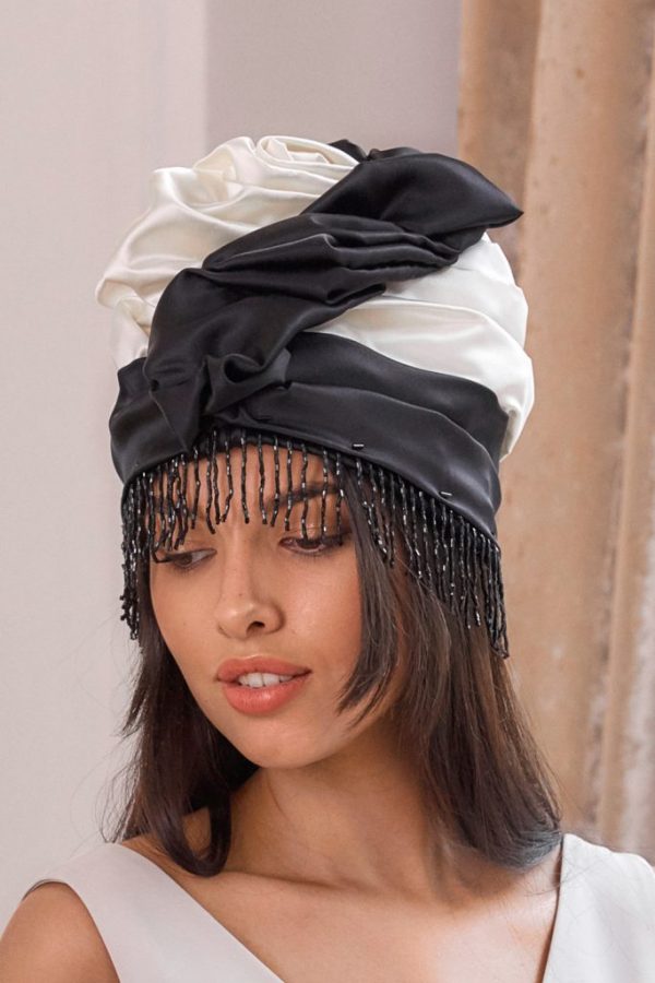 Turban hat hijab of white and black silk