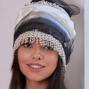 Turban hat hijab of white silk with fatin and beads