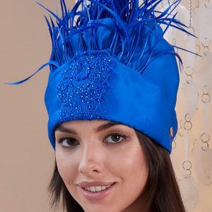 Turban hat hijab of royal blue organza with feathers