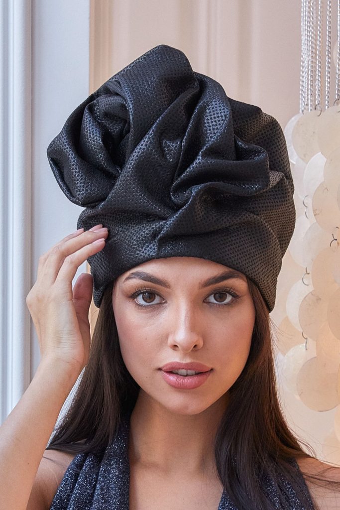 Turban hat hijab of black textured silk