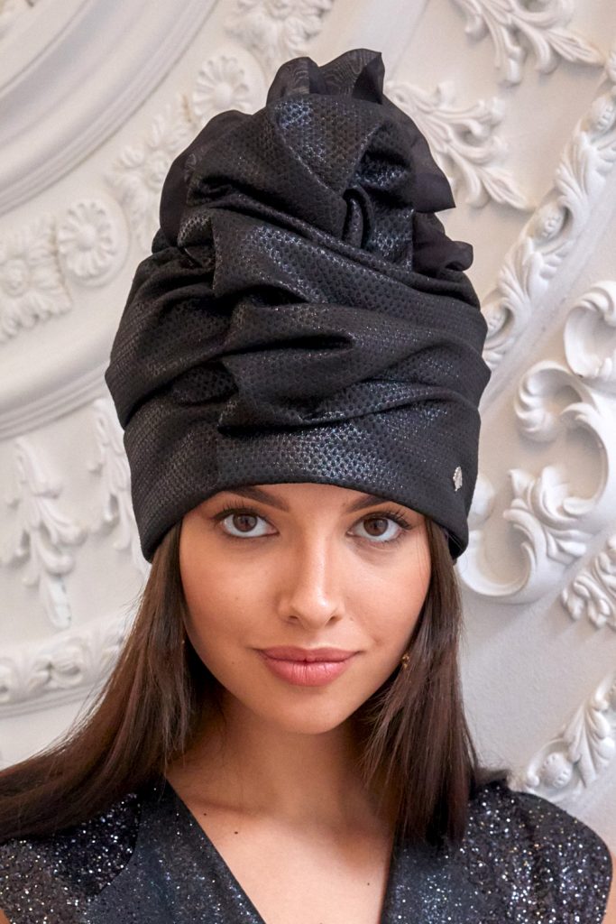 Turban hat hijab of black textured silk with ruche