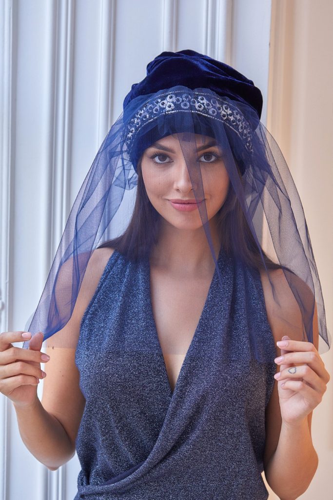 Turban hat hijab of blue velvet with veil