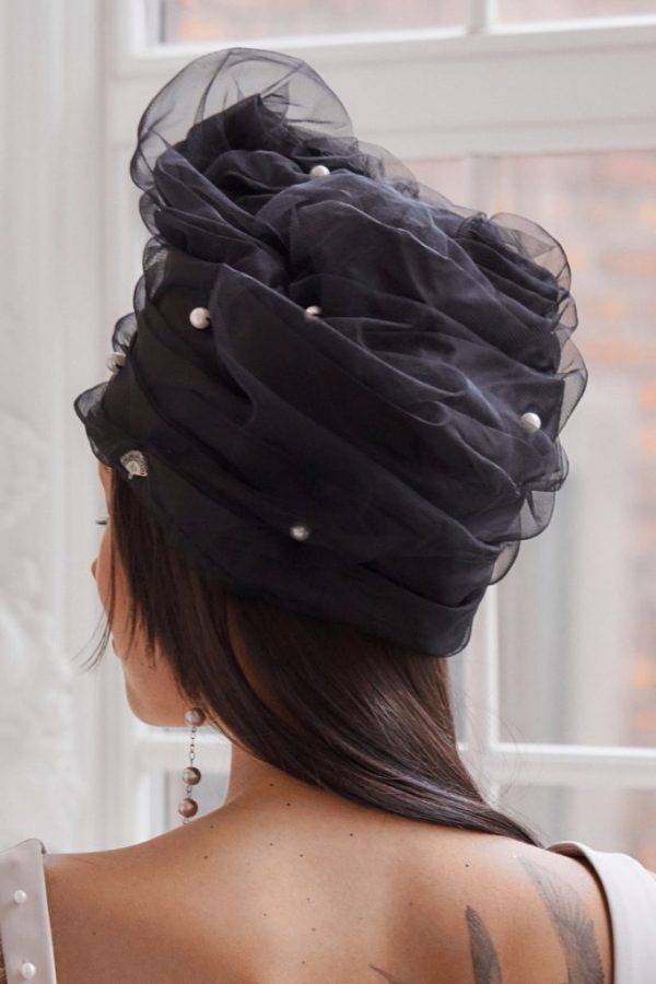 Turban hat hijab of silk taffeta with pearls and fatin