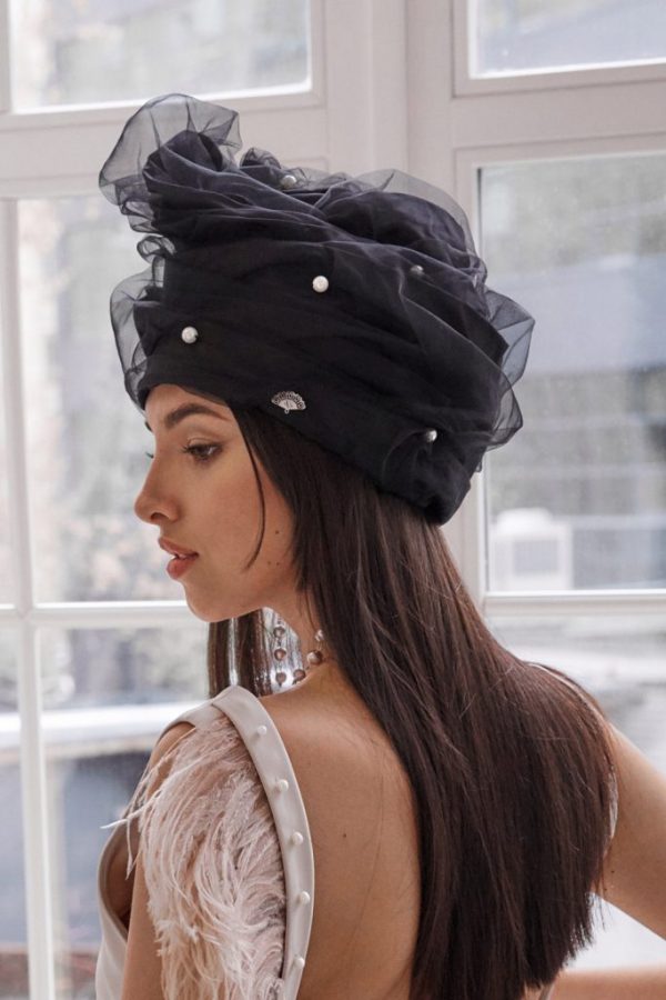 Turban hat hijab of silk taffeta with pearls and fatin