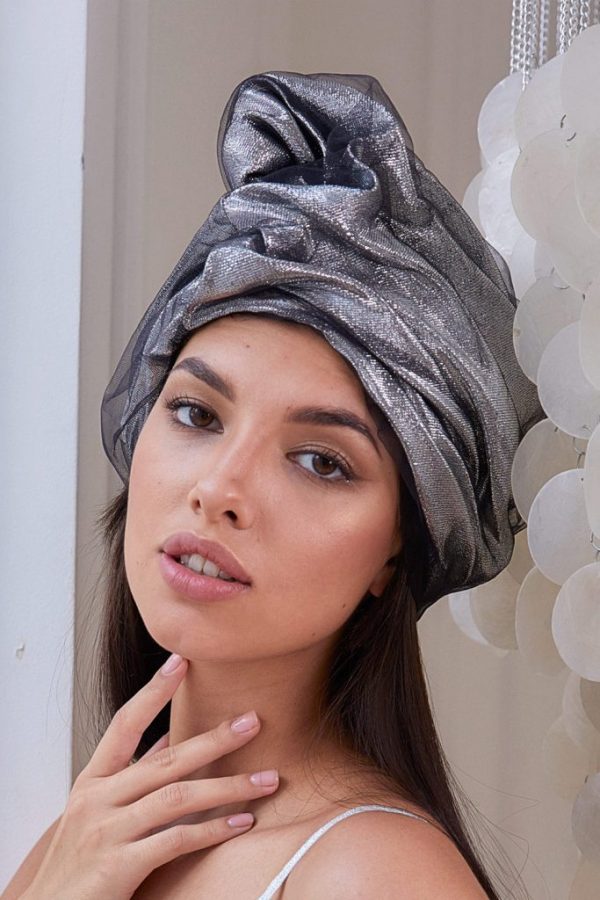 Turban hat hijab of silk taffeta with lurex and fatin